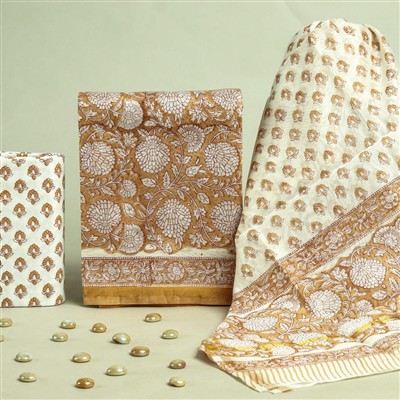 Mustard Floral Chanderi Silk Dress Material Set