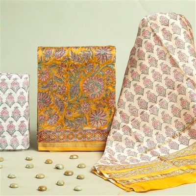 Mustard Floral Chanderi Silk Dress Materials Set