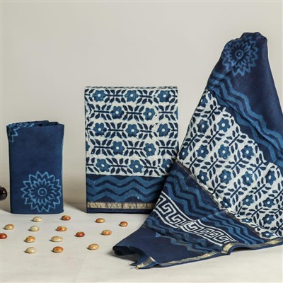 Indigo Floral Chanderi Silk Dress Material Set