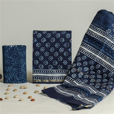 Indigo Floral Chanderi Silk Dress Set with Cotton Bottom