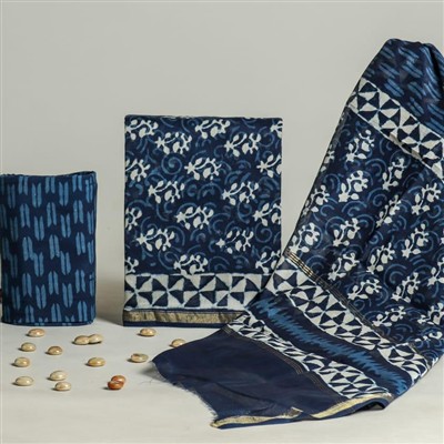 Indigo Hand Block Printed Chanderi Silk Dress Set