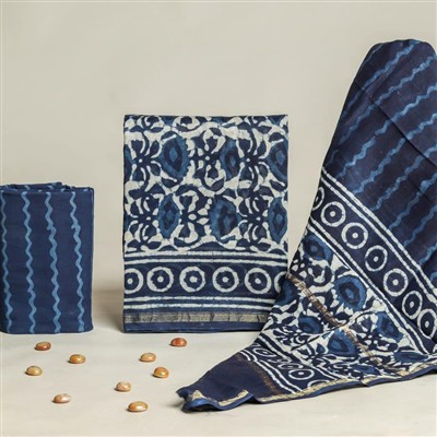 Indigo Floral Chanderi Silk Dress Material Set