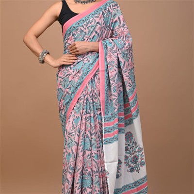 Hand Block Printed Teal Floral Cotton Mulmul Saree