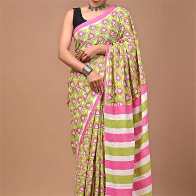 Hand Block Printed Green Cotton Mulmul Saree with Pink and White Accents