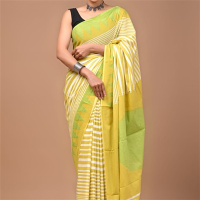 Hand Block Printed Green and Yellow Cotton Mulmul Saree 5.5 Meters