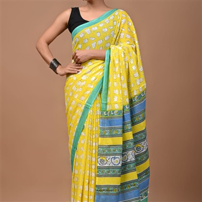 Hand Block Printed Mustard Mulmul Cotton Saree with Elephant Motif