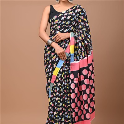 Hand Block Printed Black Mulmul Cotton Saree with Pink Polka Dots
