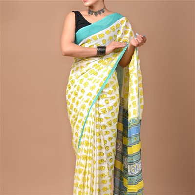 Elephant Parade Mulmul Cotton Saree with Turquoise Border