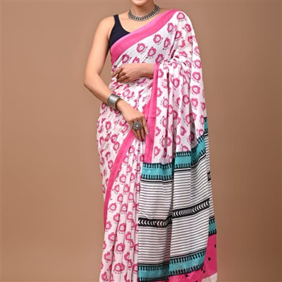 Pink Floral Print Mulmul Cotton Saree with Teal Accents