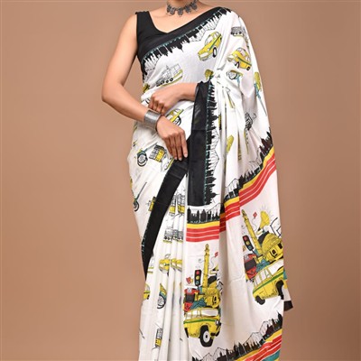 Urban Cityscape Hand Block Mulmul Cotton Saree
