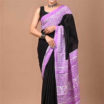 Lavender Blossom Hand Block Mulmul Cotton Saree