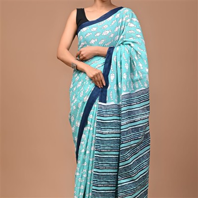 Fish Motif Hand Block Printed Mulmul Cotton Saree