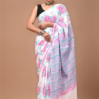 Hand Block Printed Pink Floral Mulmul Cotton Saree