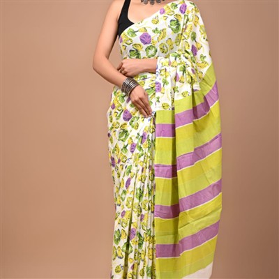 Hand Block Printed Yellow Floral Mulmul Cotton Saree