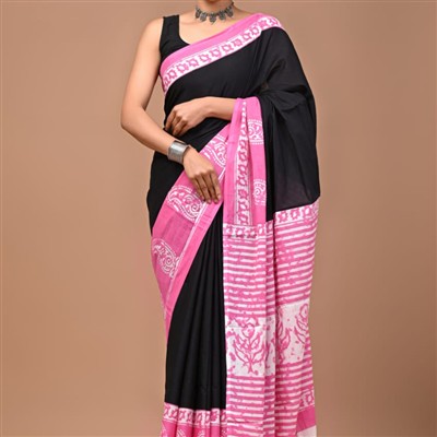 Pink and White Floral Block Print Mulmul Cotton Saree