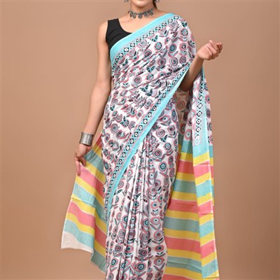 Hand Block Printed Teal Floral Cotton Mulmul Saree