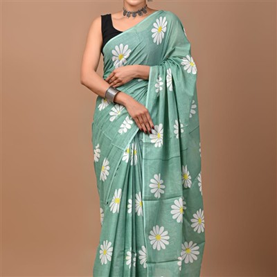 Hand Block Printed Green Daisy Cotton Saree