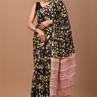 Hand Block Printed Pink and Yellow Floral Mulmul Cotton Saree