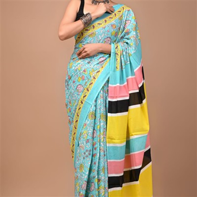 Hand Block Printed Turquoise Floral Cotton Saree