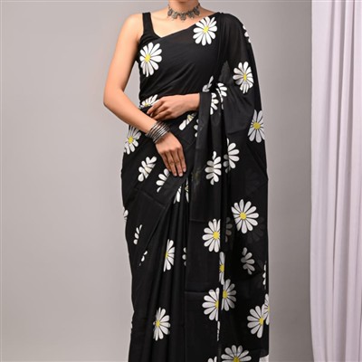 Hand Block Printed Daisy Blossom Cotton Saree