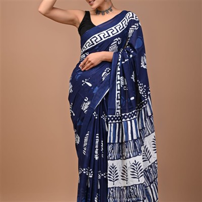 Indigo Botanical Mulmul Cotton Saree with Greek Key Border