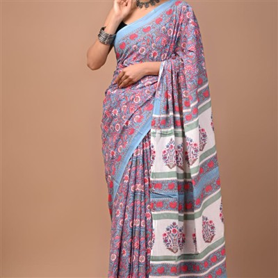 Hand Block Print Mulmul Cotton Saree - Floral Bliss in Blue and Red