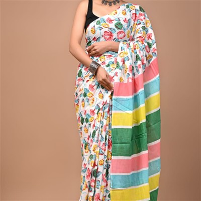 Hand Block Printed Floral Mulmul Cotton Saree - Vibrant Striped Pallu