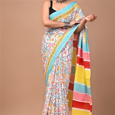 Hand Block Printed Floral Mulmul Cotton Saree