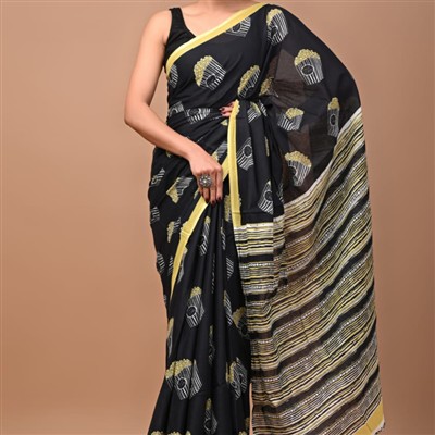 Popcorn Charm Mulmul Cotton Saree with Striped Pallu