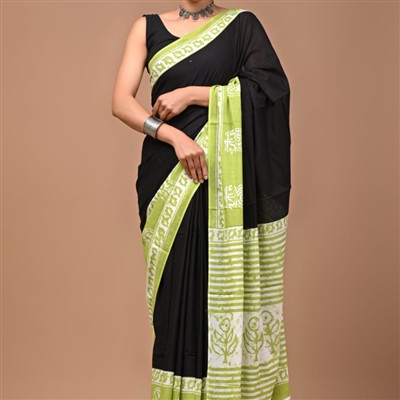 Hand Block Printed Mulmul Cotton Saree in Black and Green