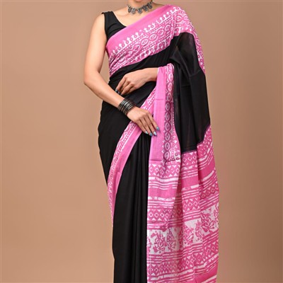Hand Block Printed Pink Border Mulmul Saree