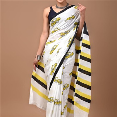 Hand Block Printed Yellow Car Mulmul Cotton Saree