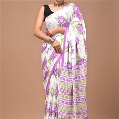 Purple Floral Hand Block Printed Mulmul Cotton Saree