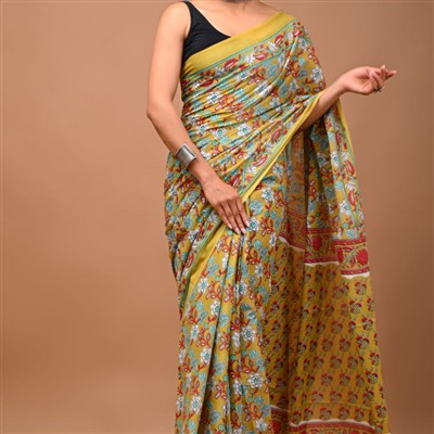 Mustard Floral Vine Hand Block Mulmul Cotton Saree