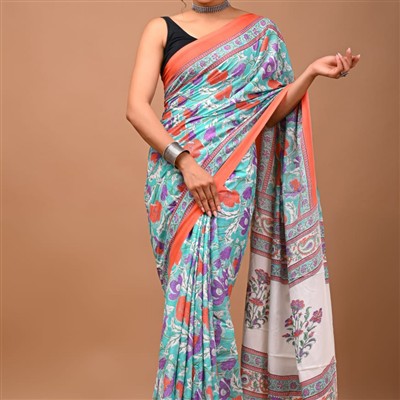 Turquoise Floral Hand Block Mulmul Cotton Saree with Orange Border
