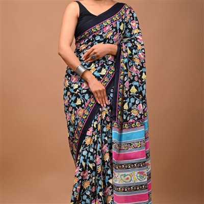 Hand Block Printed Floral Mulmul Cotton Saree in Vibrant Hues