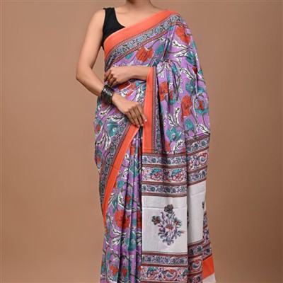 Lavender Blossom Mulmul Cotton Saree with Orange Border