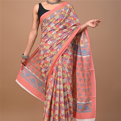 Coral Floral Mulmul Saree with Blue Border
