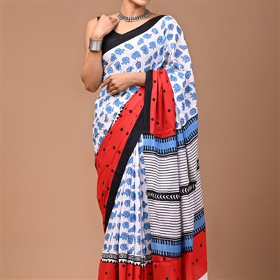 Hand Block Printed Blue Elephant Mulmul Cotton Saree