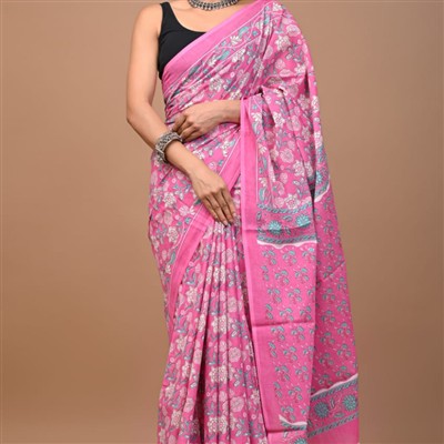 Floral White and Blue Hand Block Printed Mulmul Cotton Saree