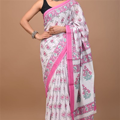 Pink Blossom Hand Block Cotton Saree