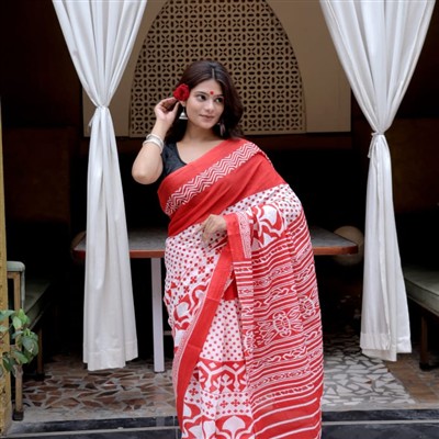 Hand Block Printed Red Floral Mulmul Cotton Saree