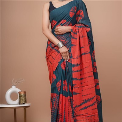 Hand Block Printed Teal Blue and Red Mulmul Cotton Saree