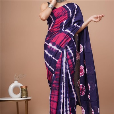 Tie-Dye Indigo Circles Mulmul Saree Set