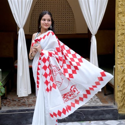 Hand Block Printed Mulmul Cotton Saree with Red Diamond Patterns