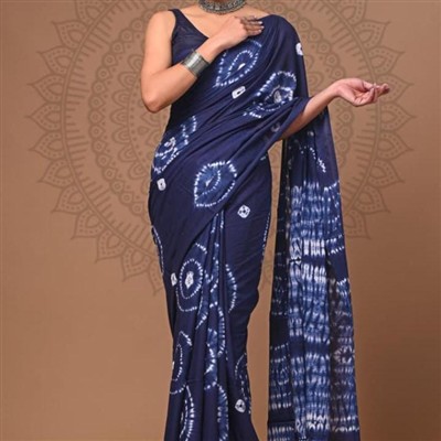Indigo Tie-Dye Mulmul Cotton Saree with Circular Motifs
