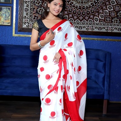 Hand Block Printed Red Circular Motif Mulmul Cotton Saree