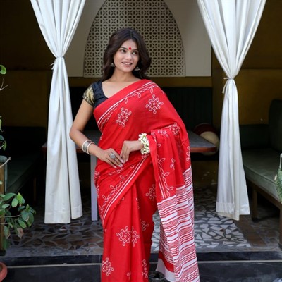 Hand Block Printed Crimson Mulmul Cotton Saree with Striped Pallu