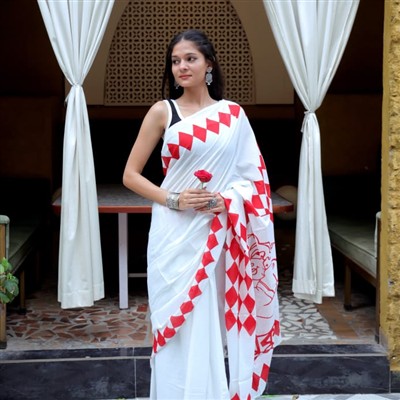 Hand Block Printed Red Diamond Cotton Mulmul Saree