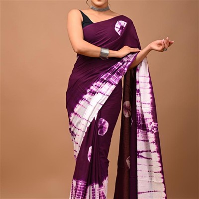 Tie-Dye Indigo Circles Mulmul Saree with Black Blouse Piece
